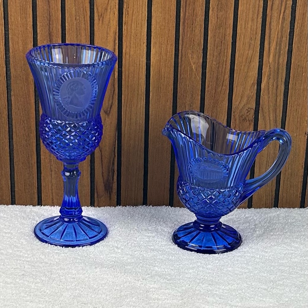 VTG Avon Blue Cobalt Fostoria George Washington & Mount Vernon Candle Holders